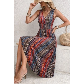 Kadın Beli Gipeli Etnik Desen Sıfır Kol Süprem Elbise