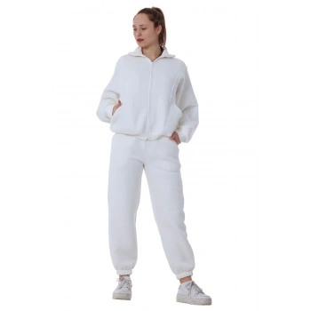 Kadın Bomber Yaka Fermuarlı 3 İplik İçi Polarlı Lastikli Paça Beyaz Eşofman Takımı
