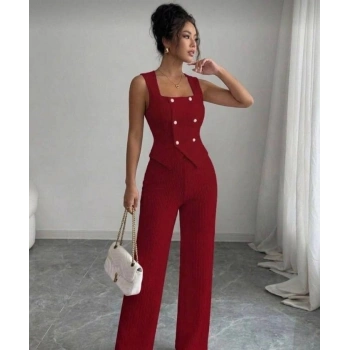 Kadın Düğmeli Bürümcük Kumaş Takım