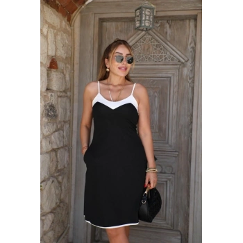 Kadın Ip Askılı Geniş V Yakalı çift Renkli Janjan Krep Elbise