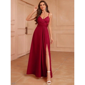 Kadın Ip Askılı Kruvaze Yakalı Yırtmaçlı Uzun Ithal Krep Elbise