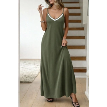 Kadın Ip Askılı V şerit Yakalı Uzun Viskon Elbise