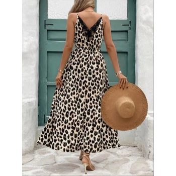 Kadın Ip Askılı Yuvarlak Yakalı Arkası V Yakalı Yırtmaçlı Uzun Leopar Desenli Süprem Elbise