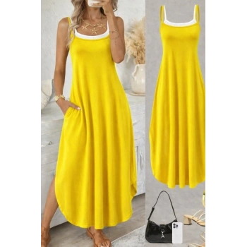 Kadın Ip Askılı Yuvarlak Yakalı Cepli Uzun Viskon Elbise