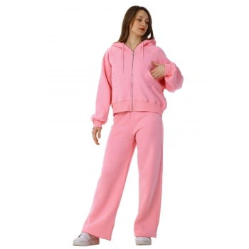 Kadın Kapüşonlu Fermuarlı Pamuklu Palazzo Geniş Paça Eşofman Takımı Pembe