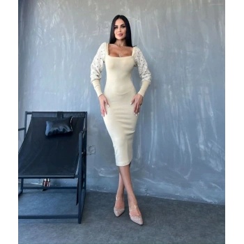 Kadın Kare Yaka Kolları Manşet Ve Tül Detay Fırsat ürün Midi Boy Elbise