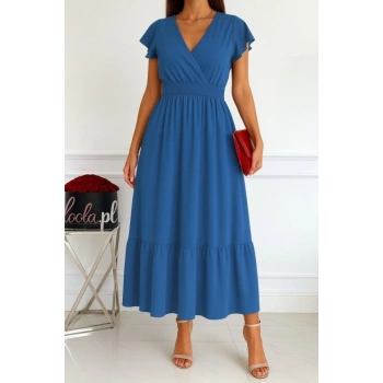 Kadın Kısa Kelebek Kollu Kruvaze Yakalı Beli Lastikli Aerobin Elbise