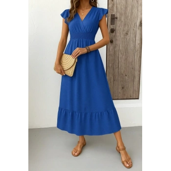 Kadın Kısa Kelebek Kollu Kruvaze Yakalı Beli Lastikli Aerobin Elbise