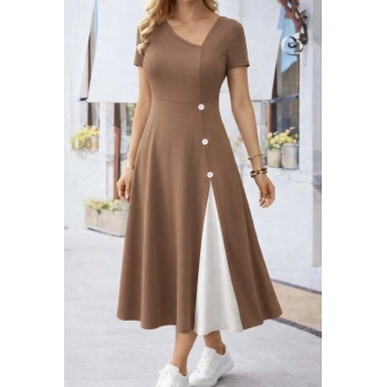 Kadın Kısa Kollu Asimetrik Yakalı Düğme Detaylı Midi Viskon Elbise