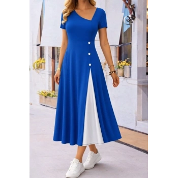 Kadın Kısa Kollu Asimetrik Yakalı Düğme Detaylı Midi Viskon Elbise