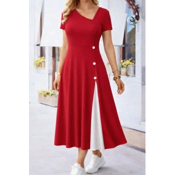 Kadın Kısa Kollu Asimetrik Yakalı Düğme Detaylı Midi Viskon Elbise