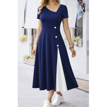 Kadın Kısa Kollu Asimetrik Yakalı Düğme Detaylı Midi Viskon Elbise