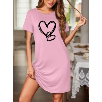 Kadın Kısa Kollu Bisiklet Yaka Kalp Desenli Viskon Elbise