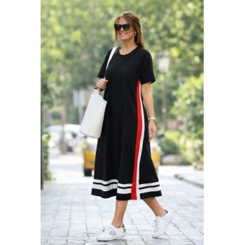 Kadın Kısa Kollu Bisiklet Yaka Yan şerit Detaylı Midi Viskon Elbise