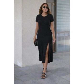Kadın Kısa Kollu Bisiklet Yaka Yandan Yırtmaçlı Midi Viskon Elbise
