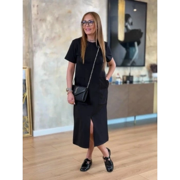 Kadın Kısa Kollu Bisiklet Yakalı Cepli önden Yırtmaçlı Viskon Iki Iplik Midi Elbise