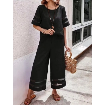 Kadın Kısa Kollu Bisiklet Yakalı Tül şerit Detaylı Bluz Ve Pantolon Ikili Takım