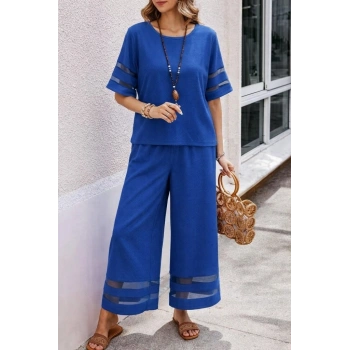 Kadın Kısa Kollu Bisiklet Yakalı Tül şerit Detaylı Bluz Ve Pantolon Ikili Takım