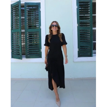 Kadın Kısa Kollu Bisiklet Yakalı Yandan Yırtmaçlı Büzgülü Janjan Krep Elbise