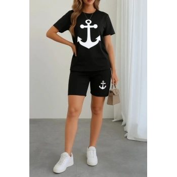 Kadın Kısa Kollu çapa Baskılı Viskon Ikili Takım