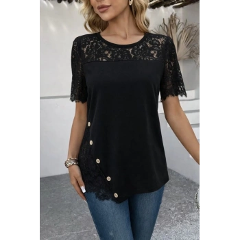 Kadın Kısa Kollu Dantel Detaylı Yandan Düğmeli Waffle Bluz