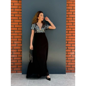 Kadın Kısa Kollu Derin V Yakalı A Kesim Pulpayet Detaylı şifon Nedime Elbisesi