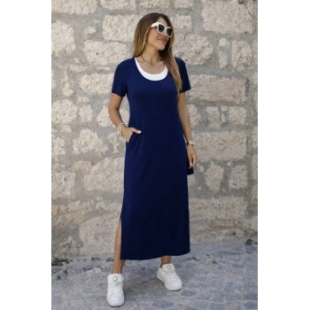 Kadın Kısa Kollu Içi Atlet Görünümlü Yandan Yırtmaçlı Uzun Viskon Elbise