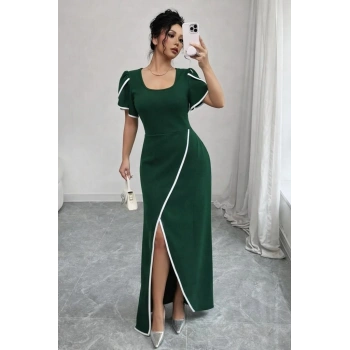 Kadın Kısa Kollu Kare Yakalı önden çapraz Kesim Detaylı Krep Elbise