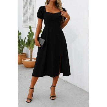 Kadın Kısa Kollu Kare Yakalı Yırtmaçlı Midi Janjan Krep Elbise