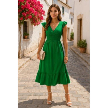 Kadın Kısa Kollu Kruvaze Yakalı Beli Lastikli Müslim Elbise