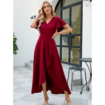 Kadın Kısa Kollu Kruvaze Yakalı ön Asimetrik Volanlı Uzun Ithal Krep Elbise