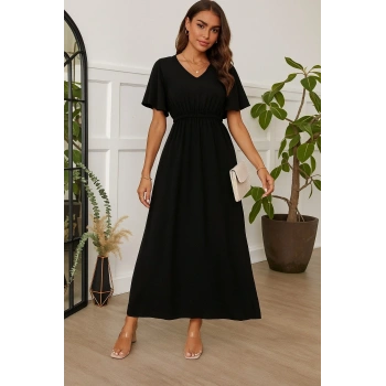 Kadın Kısa Kollu V Yakalı Beli Lastikli Uzun Viskon Elbise