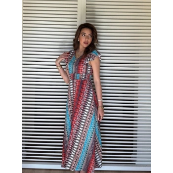 Kadın Kısa Kollu V Yakalı Desenli Yandan Yırtmaçlı Süprem Elbise