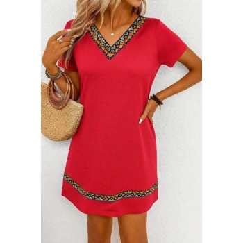 Kadın Kısa Kollu V Yakalı Etnik Desen şerit Detaylı Viskon Elbise