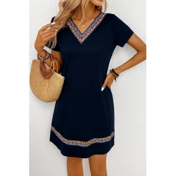Kadın Kısa Kollu V Yakalı Etnik Desen şerit Detaylı Viskon Elbise
