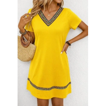 Kadın Kısa Kollu V Yakalı Etnik Desen şerit Detaylı Viskon Elbise