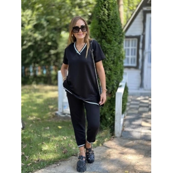 Kadın Kısa Kollu V Yakalı Iki Iplik Bluz Ve Pantolon Ikili Takım