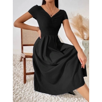 Kadın Kısa Kollu V Yakalı önden Pileli Janjan Krep Elbise