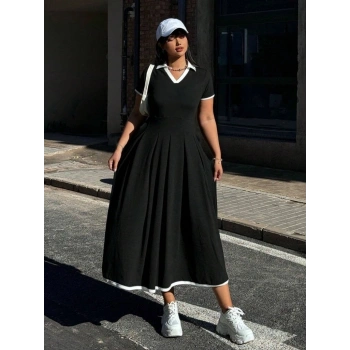 Kadın Kısa Kollu V Yakalı Pileli Uzun Janjan Krep Elbise