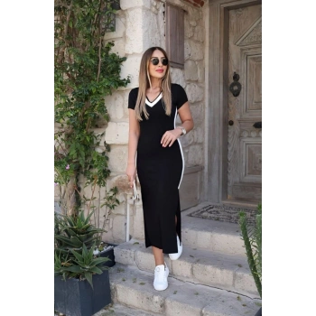 Kadın Kısa Kollu V Yakalı Yandan şerit Ve Yırtmaçlı Viskon Uzun Elbise