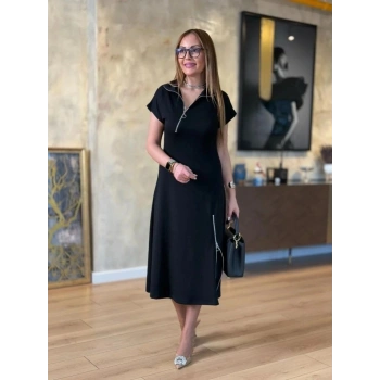 Kadın Kısa Kollu Yakadan Ve Etekten Fermuarlı Midi Viskon Iki Iplik Elbise