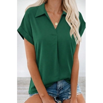 Kadın Kısa Kollu Yakalı Dokuma Viskon Bluz