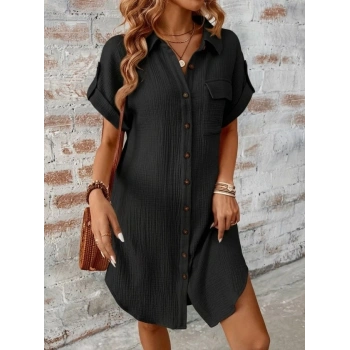 Kadın Kısa Kollu Yakalı önden Düğmeli Bürümcük Kısa Elbise
