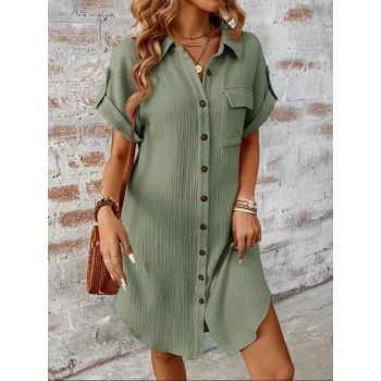 Kadın Kısa Kollu Yakalı önden Düğmeli Bürümcük Kısa Elbise