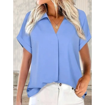 Kadın Kısa Kollu Yakalı Uzun Sandy Bluz