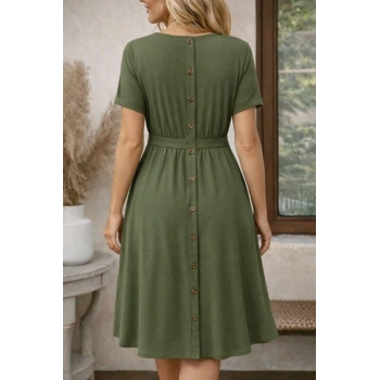 Kadın Kısa Kollu Yuvarlak Yaka Arkadan Düğmeli Viskon Midi Elbise