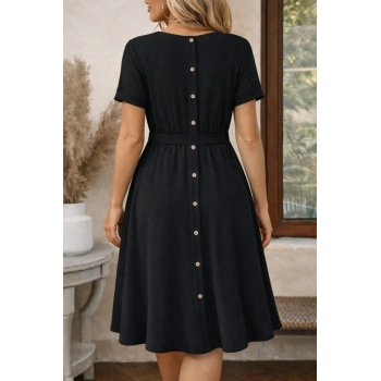 Kadın Kısa Kollu Yuvarlak Yaka Arkadan Düğmeli Viskon Midi Elbise