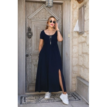 Kadın Kısa Kollu Yuvarlak Yaka önden Yırtmaçlı Cepli Viskon Uzun Elbise