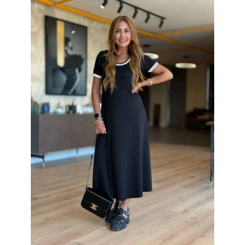 Kadın Kısa Kollu Yuvarlak Yaka Yandan Yırtmaçlı Midi Viskon Elbise