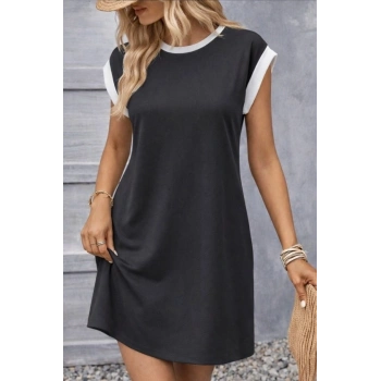 Kadın Kısa Kollu Yuvarlak Yakalı Kontrast Manset Detaylı Kısa Janjan Krep Elbise